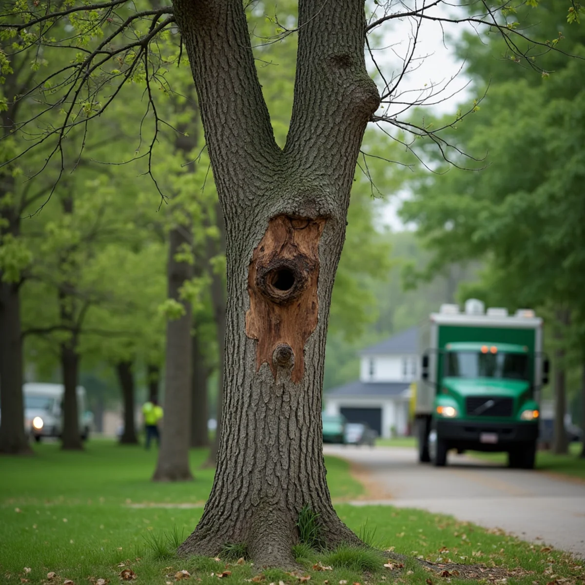 A dead, bark-stripped ash tree standing over a Fort Wayne backyard