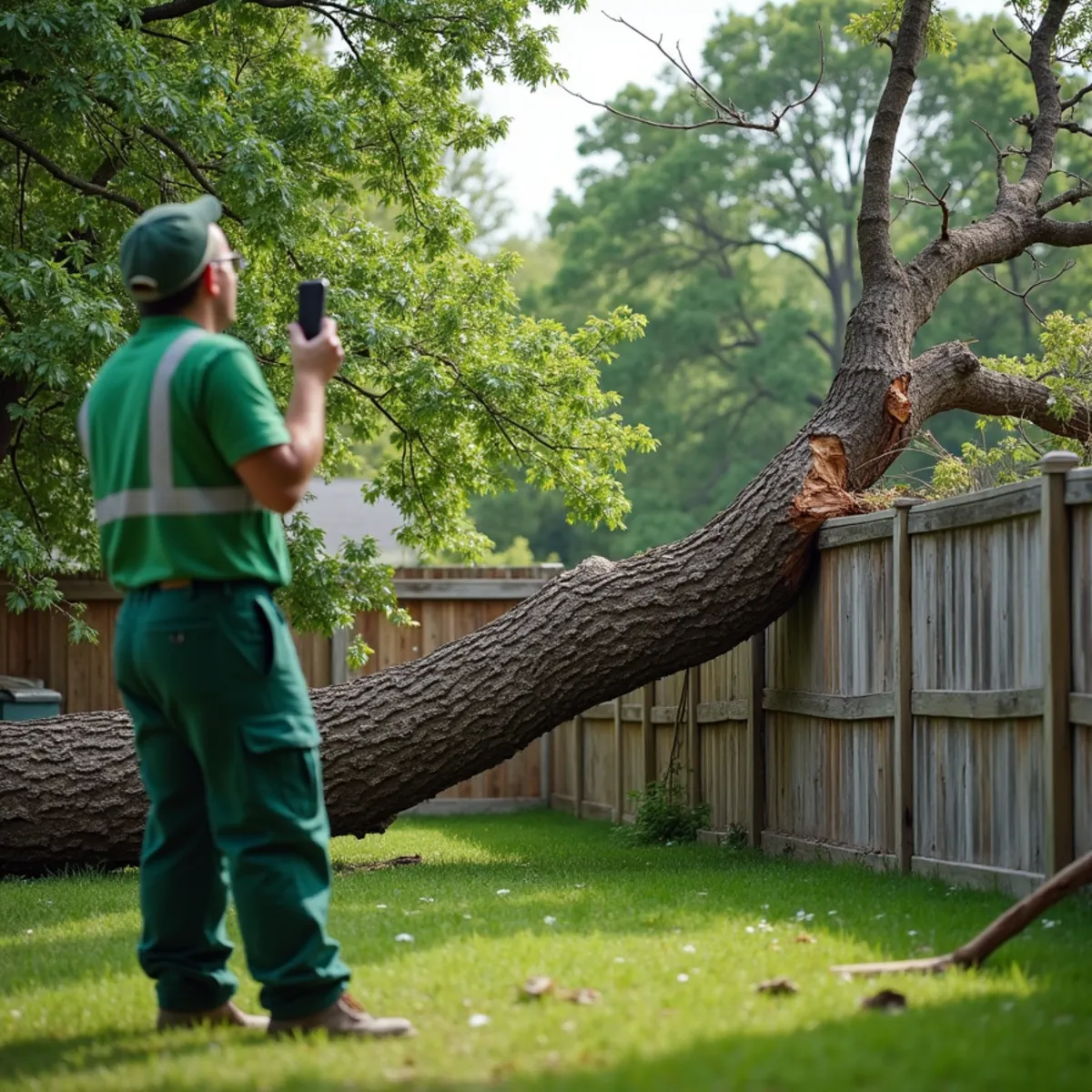 A homeowner photographing a fallen tree on a garage for an insurance claim in Indiana