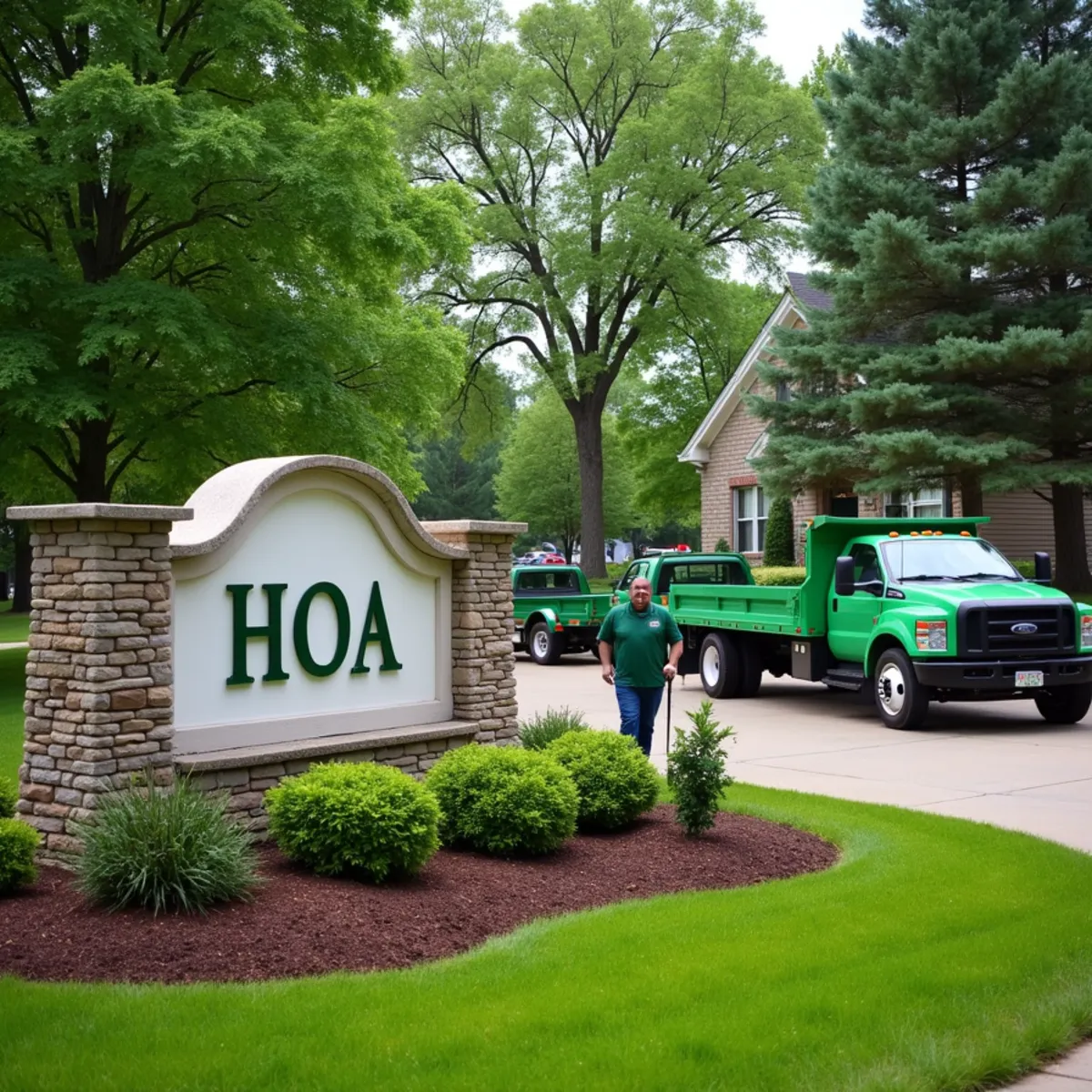 A tidy HOA common area with mowed turf and mature trees in a Fort Wayne neighborhood