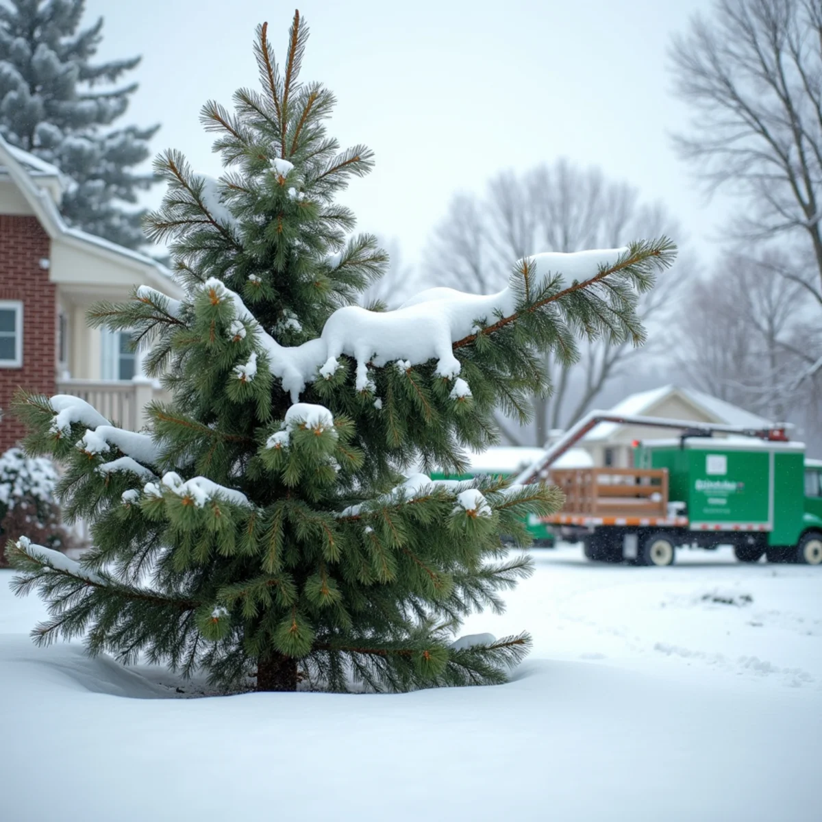 Snow-laden evergreen branches bending under heavy winter snow in northeast Indiana