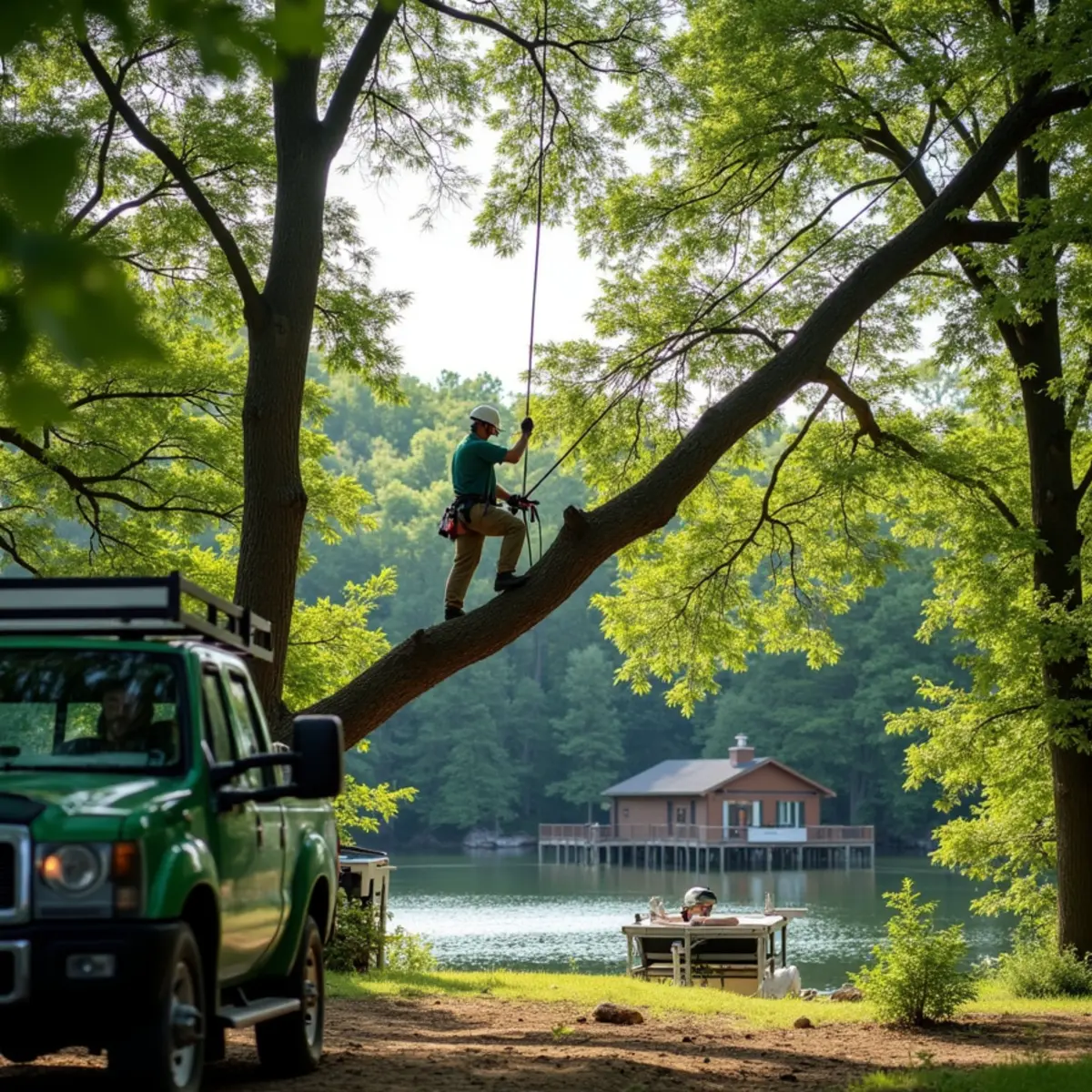 A crew rigging a large tree on a steep lakefront lot above a private dock in Indiana lake country