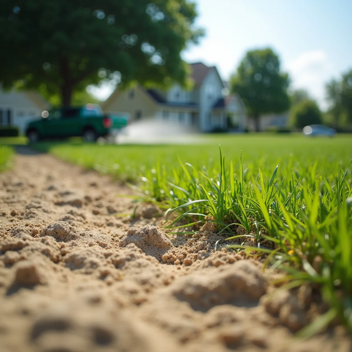 A green lawn meeting light sandy soil in northwest Indiana near the Lake Michigan dunes