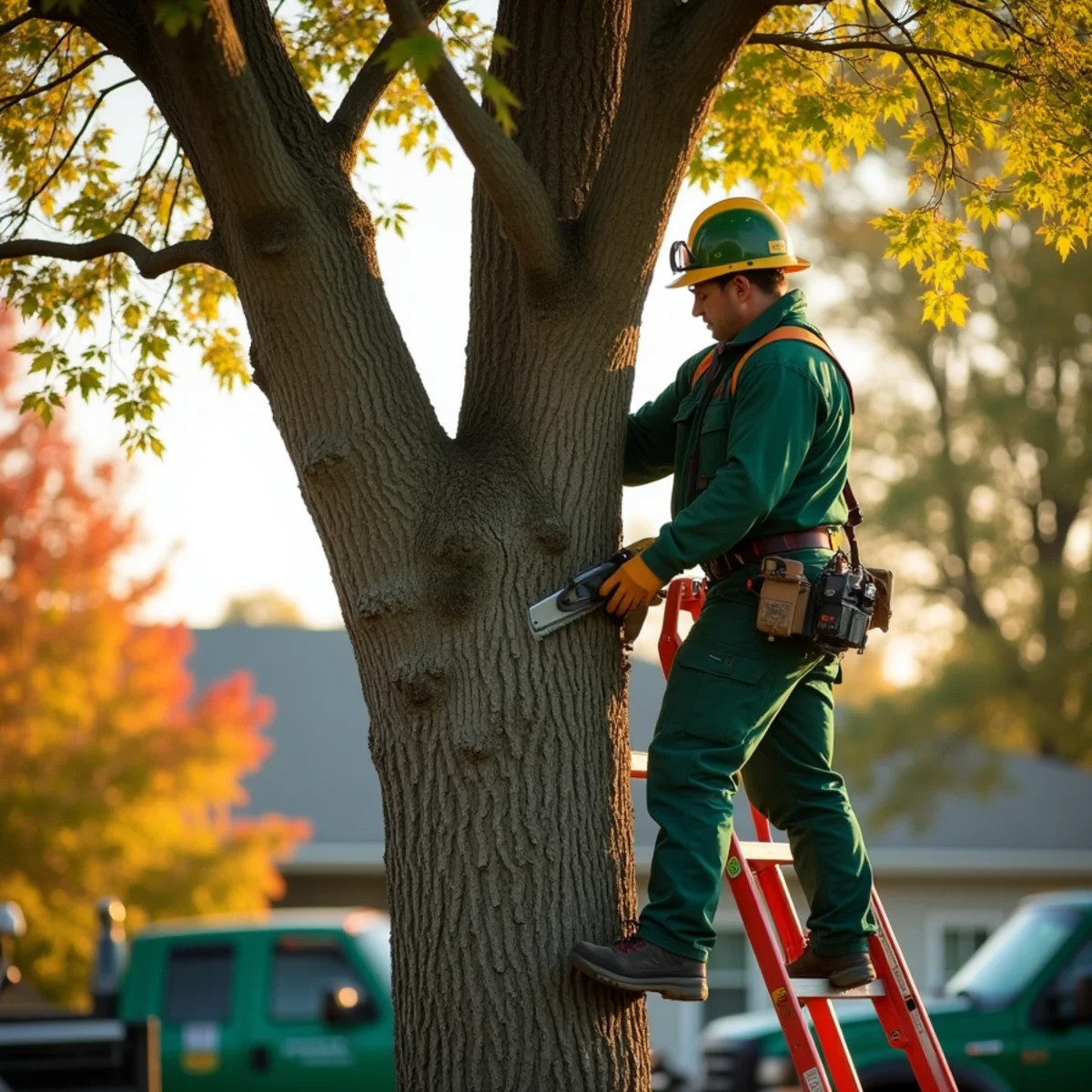 An arborist making a careful pruning cut on a mature maple tree in Northeast Indiana
