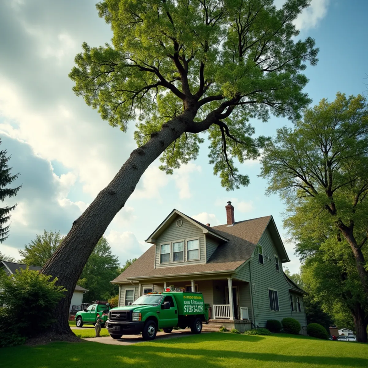 A large leaning tree with deadwood hanging over the roof of an Indiana house
