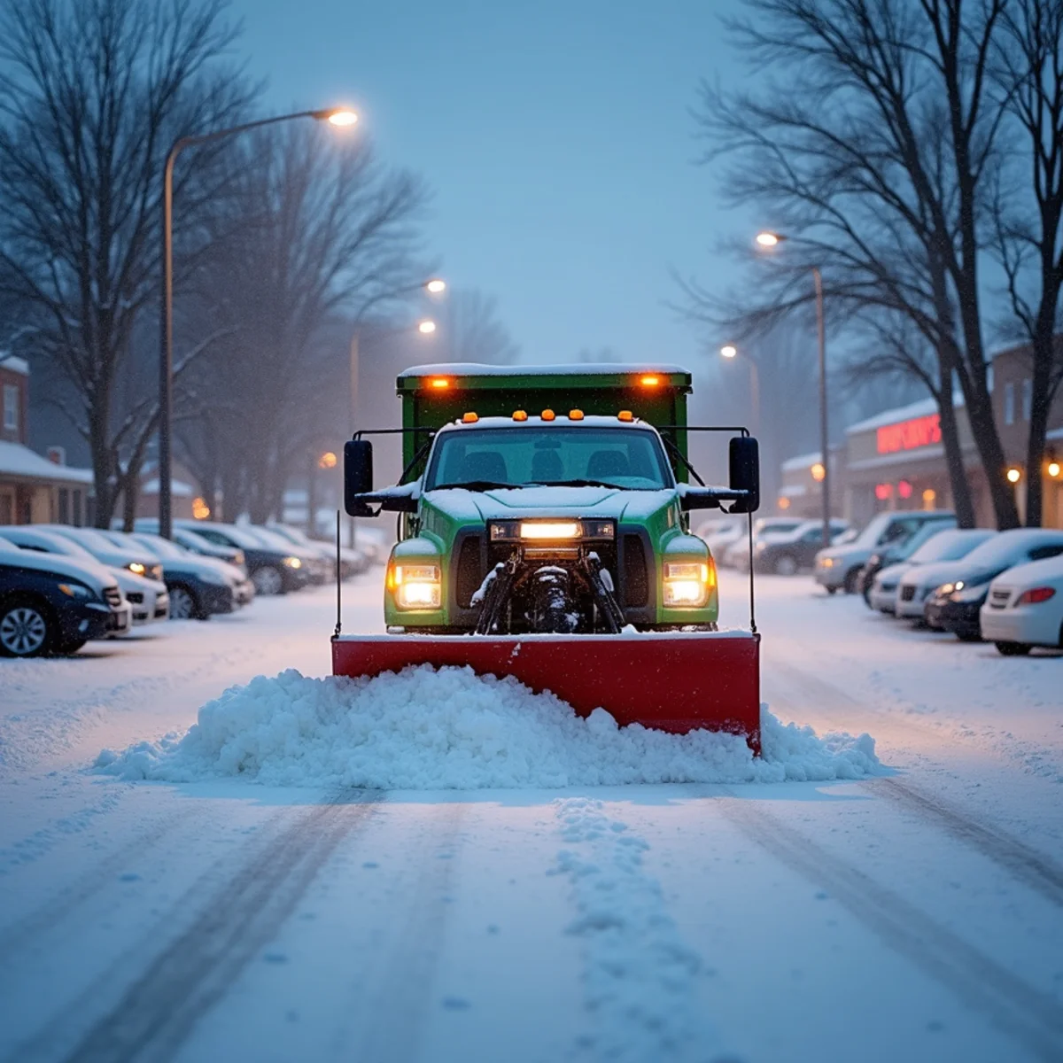 A plow truck clearing a snow-covered commercial parking lot in Fort Wayne