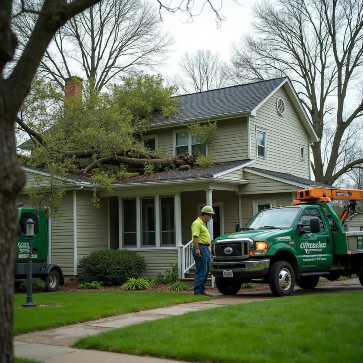 A large fallen tree resting on the roof of a Fort Wayne home after a storm