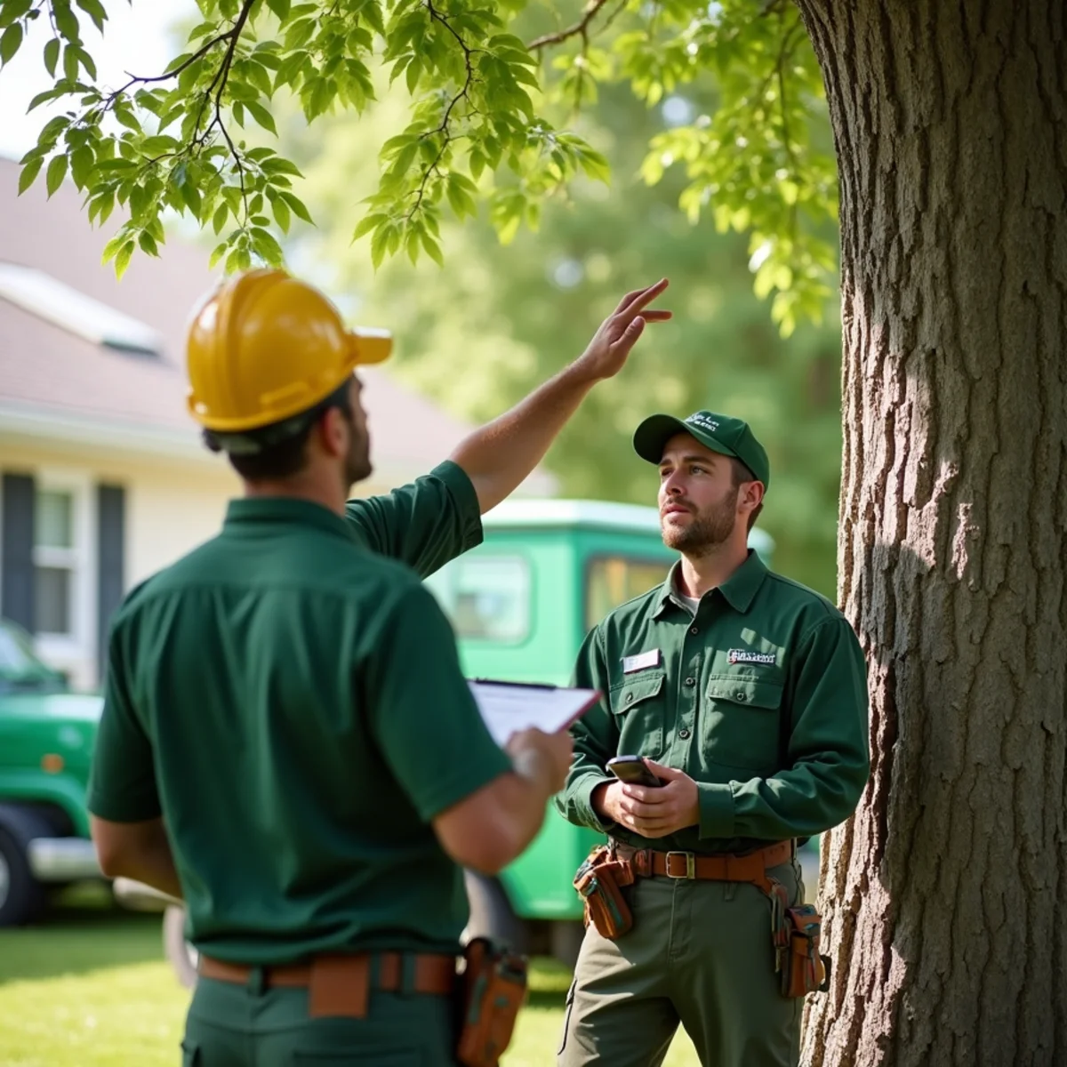 A tree removal crew lowering a large limb over a Fort Wayne backyard