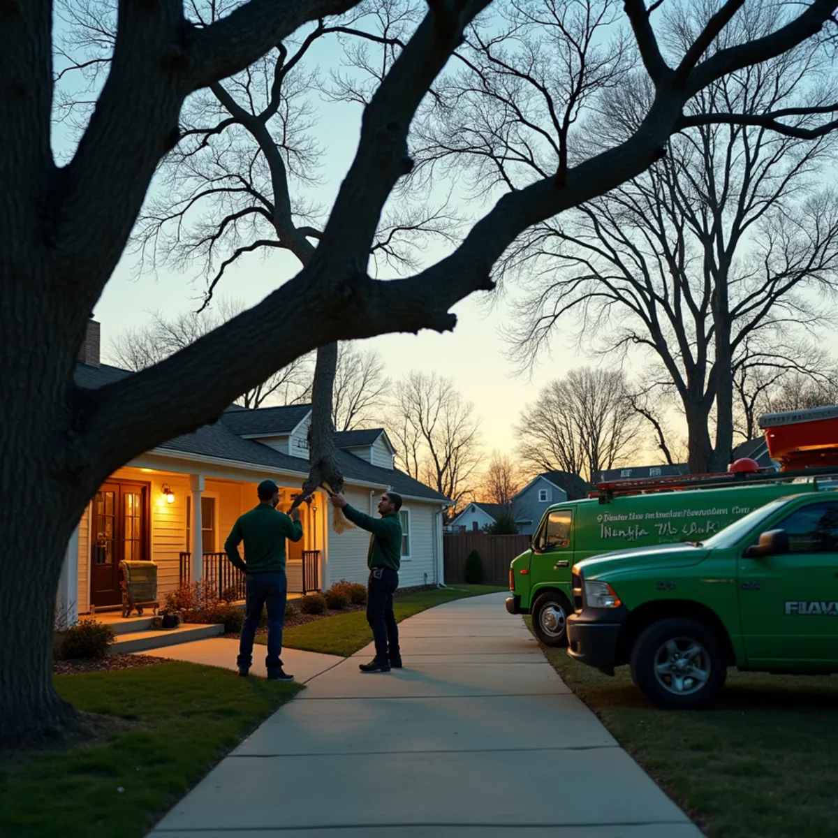 An arborist inspecting a hazardous leaning tree near a Fort Wayne home at dusk
