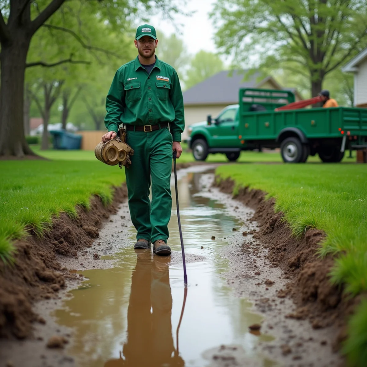 Standing water pooling on a soggy clay lawn after rain in Fort Wayne