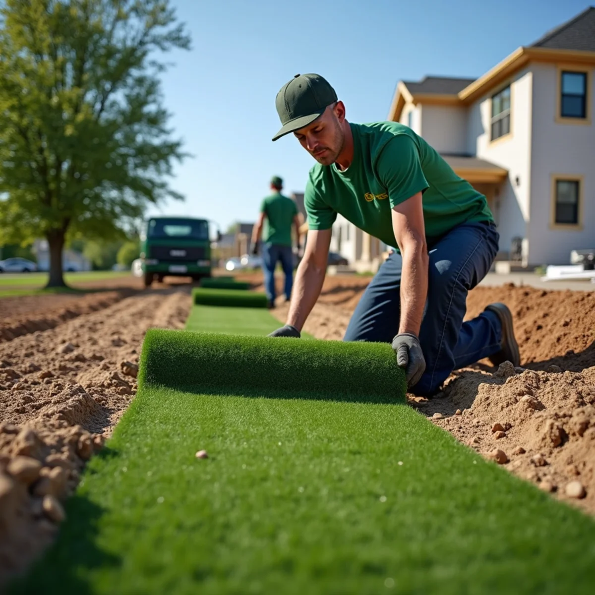 All About Tree & Turf crew performing new construction lawn installation on a property in Fort Wayne, IN