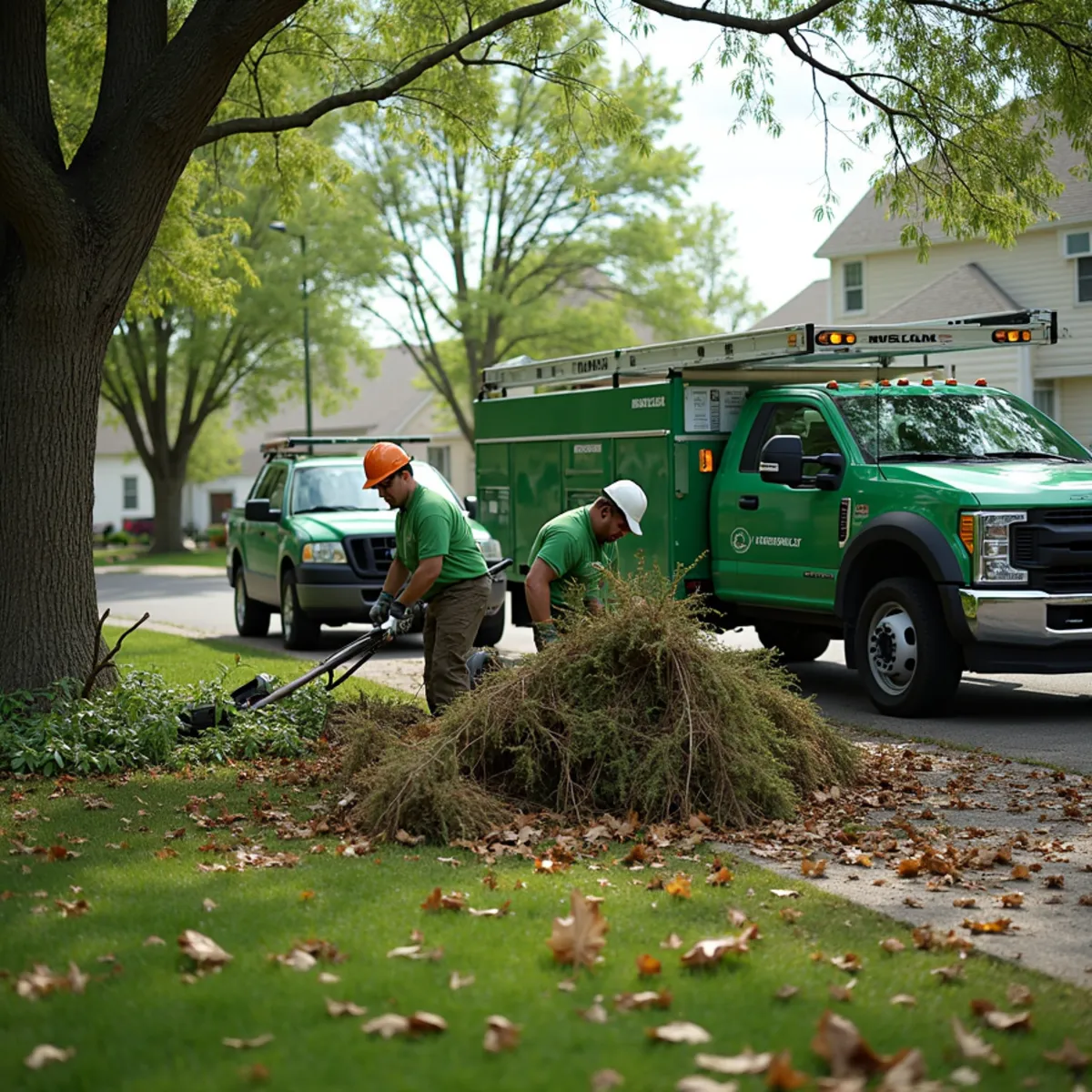Crew clearing storm-damaged tree debris from a yard in Fort Wayne, IN