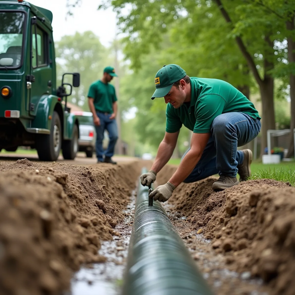 All About Tree & Turf crew performing yard drainage solutions on a property in Fort Wayne, IN